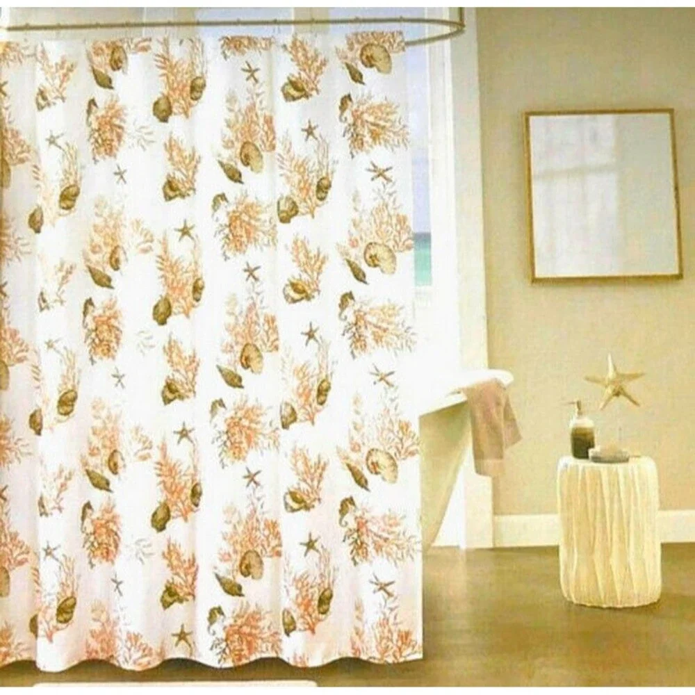 Nanette Lepore Adriatic Shells Shower Curtain w/ Hooks Beach Nautical Fabric